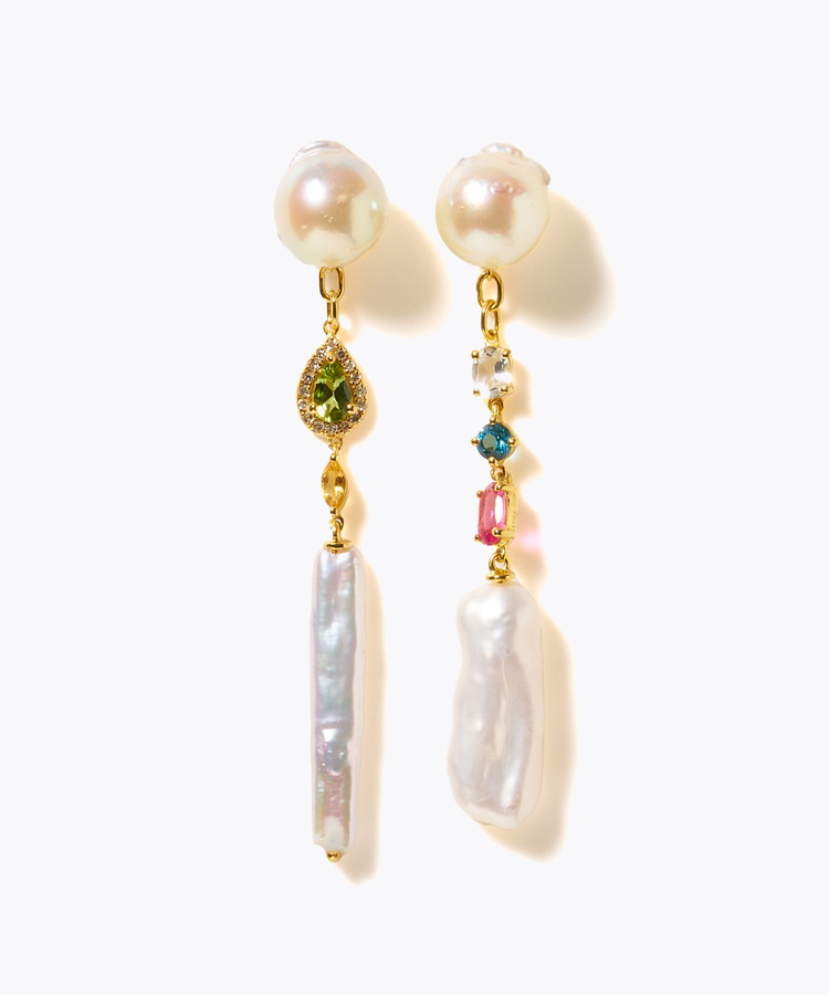 [elafonisi] 【2025 Winter Limited】One of a kind K10 akoya pearl multiple stone chandelier pierced earring