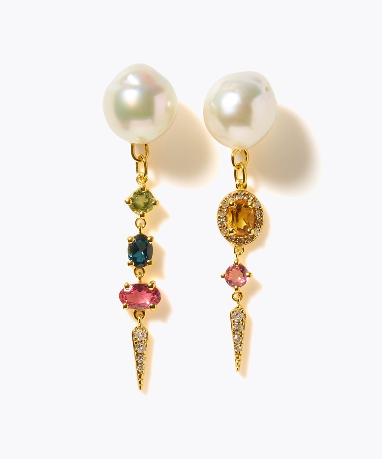 [elafonisi] 【2025 Winter Limited】One of a kind K10 akoya pearl multiple stone chandelier pierced earring