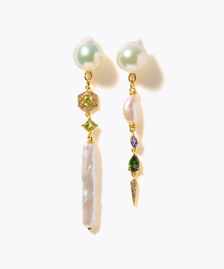 [elafonisi] 【2025 Winter Limited】One of a kind K10 akoya pearl multiple stone chandelier pierced earring