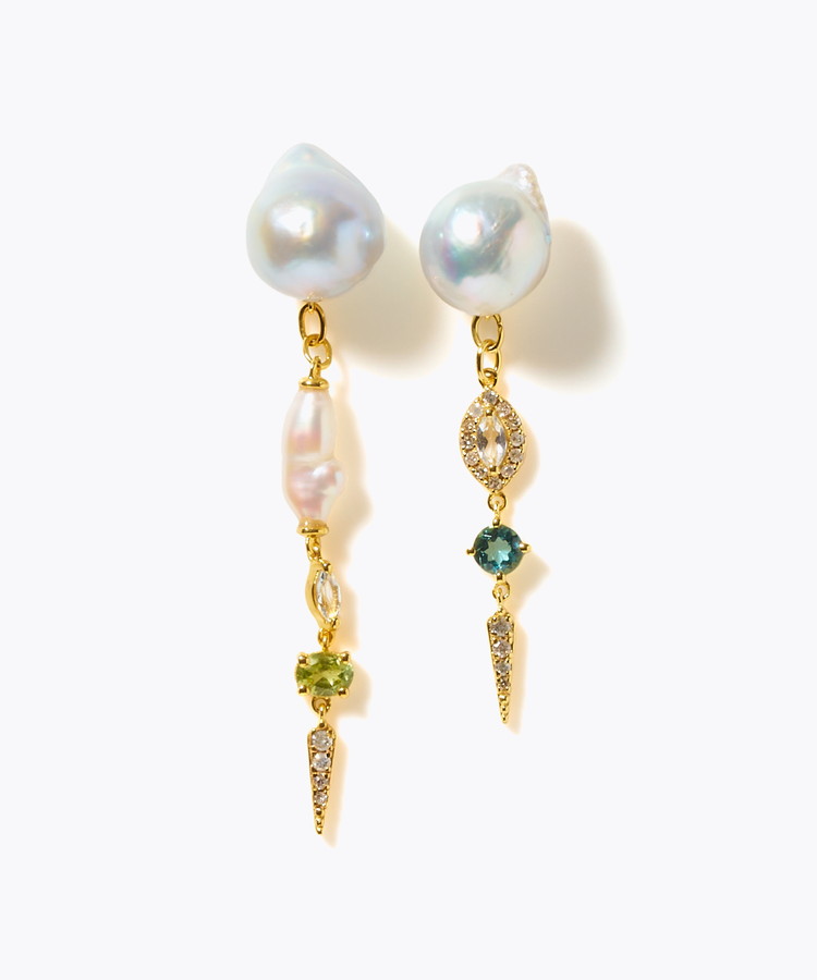 [elafonisi] 【2025 Winter Limited】One of a kind K10 akoya pearl multiple stone chandelier pierced earring