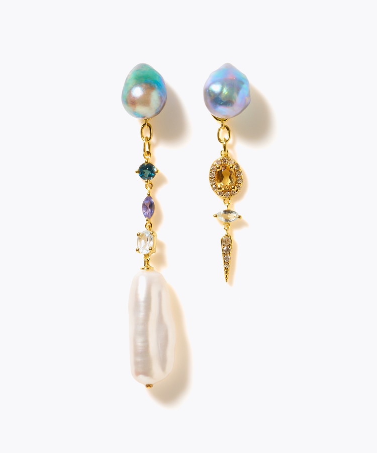 [elafonisi] 【2025 Winter Limited】One of a kind K10 akoya pearl multiple stone chandelier pierced earring
