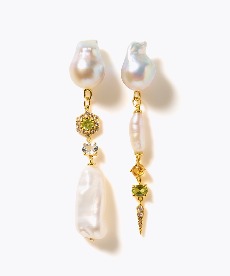 [elafonisi] 【2025 Winter Limited】One of a kind K10 akoya pearl multiple stone chandelier pierced earring