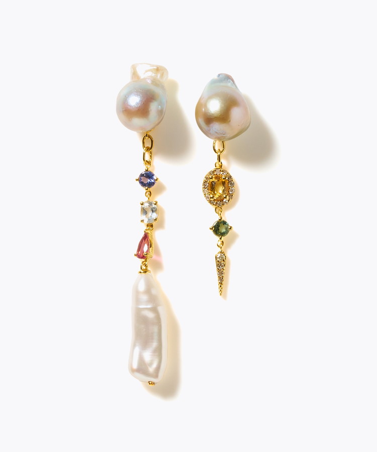[elafonisi] 【2025 Winter Limited】One of a kind K10 akoya pearl multiple stone chandelier pierced earring