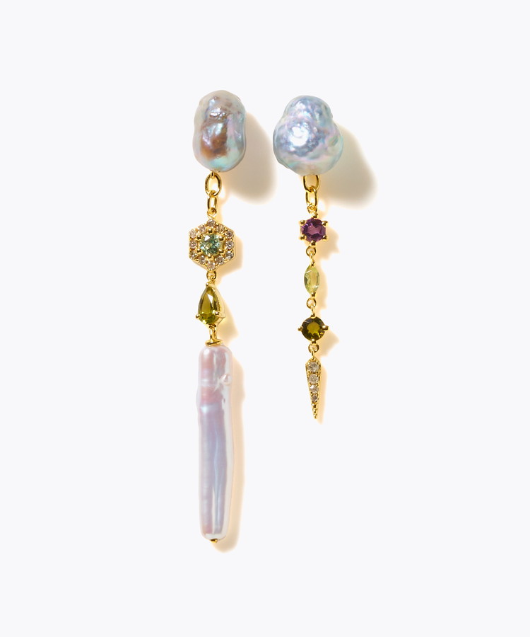 [elafonisi] 【2025 Winter Limited】One of a kind K10 akoya pearl multiple stone chandelier pierced earring