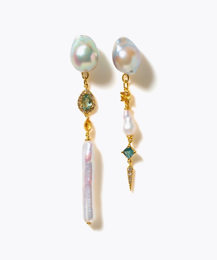 [elafonisi] 【2025 Winter Limited】One of a kind K10 akoya pearl multiple stone chandelier pierced earring