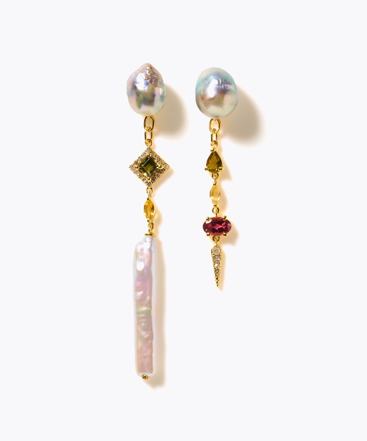 [elafonisi] 【2025 Winter Limited】One of a kind K10 akoya pearl multiple stone chandelier pierced earring