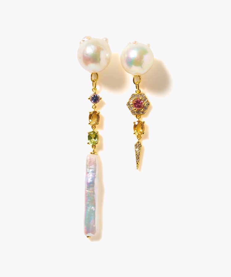 [elafonisi] 【2025 Winter Limited】One of a kind K10 akoya pearl multiple stone chandelier pierced earring