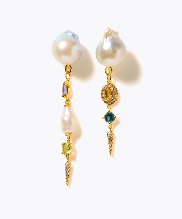 [elafonisi] 【2025 Winter Limited】One of a kind K10 akoya pearl multiple stone chandelier pierced earring
