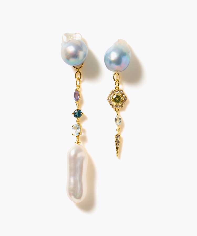 [elafonisi] 【2025 Winter Limited】One of a kind K10 akoya pearl multiple stone chandelier pierced earring