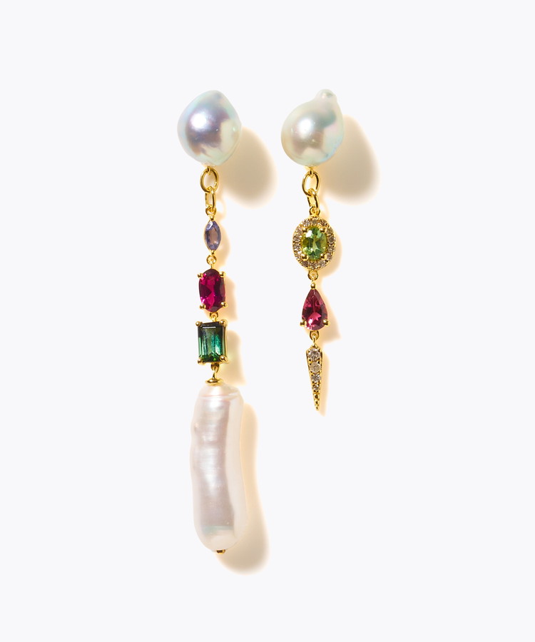 [elafonisi] 【2025 Winter Limited】One of a kind K10 akoya pearl multiple stone chandelier pierced earring