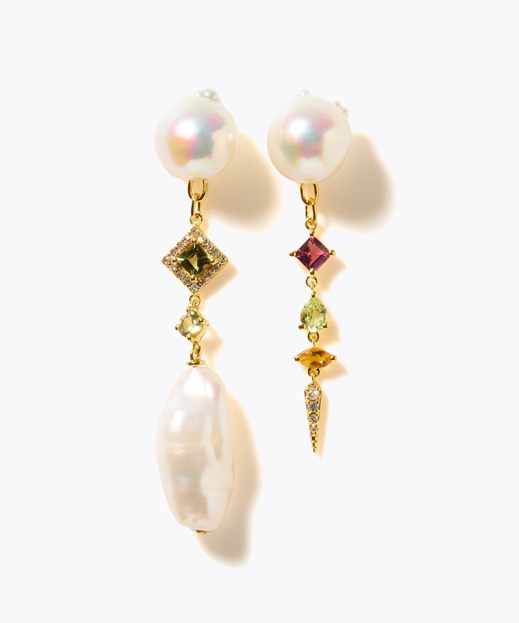 [elafonisi] 【2025 Winter Limited】One of a kind K10 akoya pearl multiple stone chandelier pierced earring
