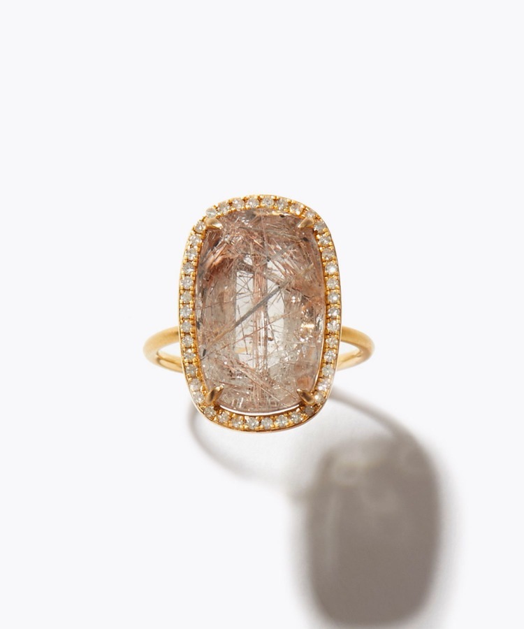 [elafonisi] One of a kind K10 rutilated quartz pave diamond ring