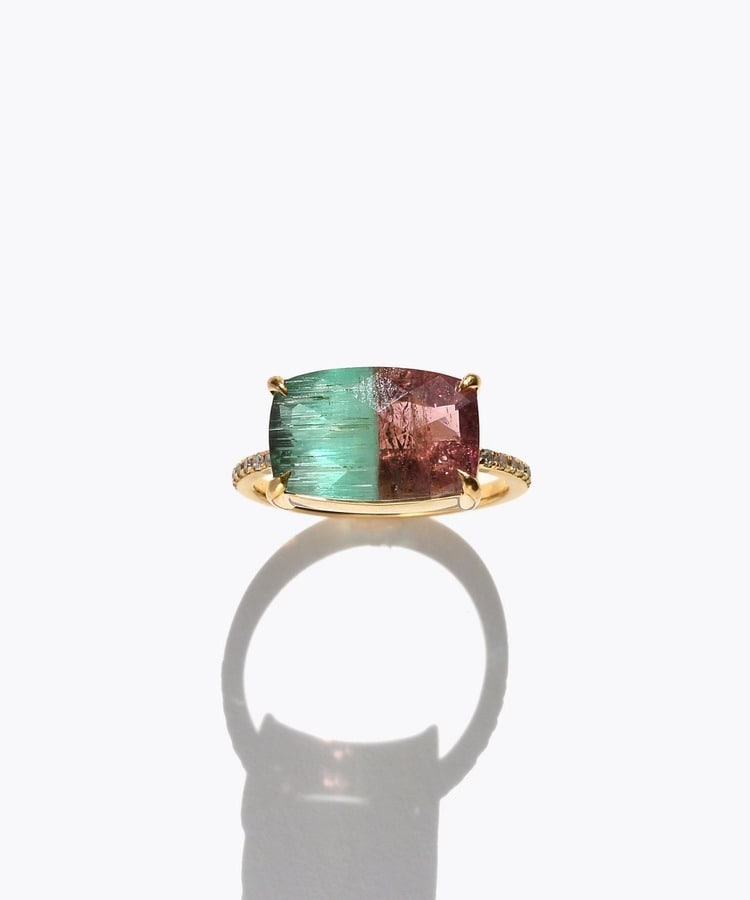 [elafonisi] One of a kind K10 bi color tourmaline pave diamond half eternity ring