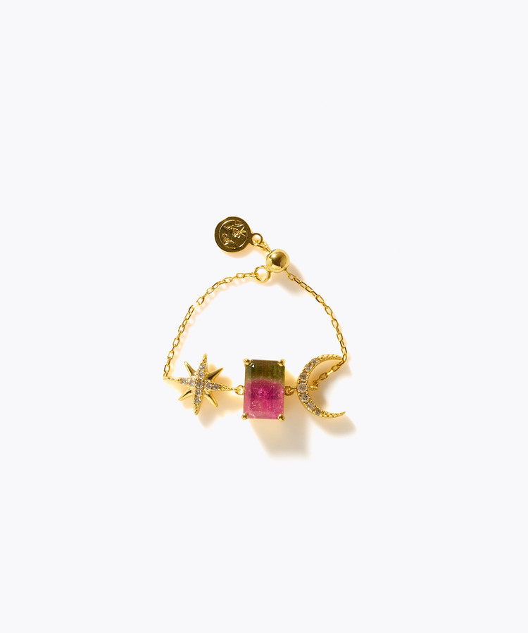 [glimmer] 【2025 Winter Limited】One of a kind K10 bi color tourmaline double moon star diamond chain ring