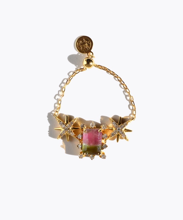 [glimmer] 【2025 Winter Limited】One of a kind K10 bi color tourmaline double star pave diamond chain ring