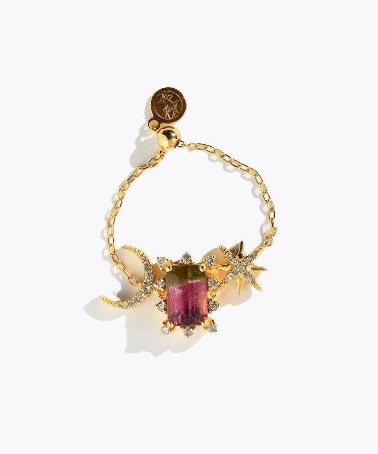 [glimmer] 【2025 Winter Limited】One of a kind K10 bi color tourmaline double moon star pave diamond chain ring
