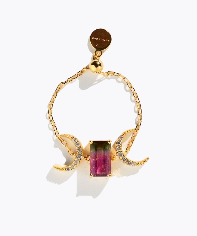 [glimmer] 【2025 Winter Limited】One of a kind K10 bi color tourmaline double moon diamond chain ring