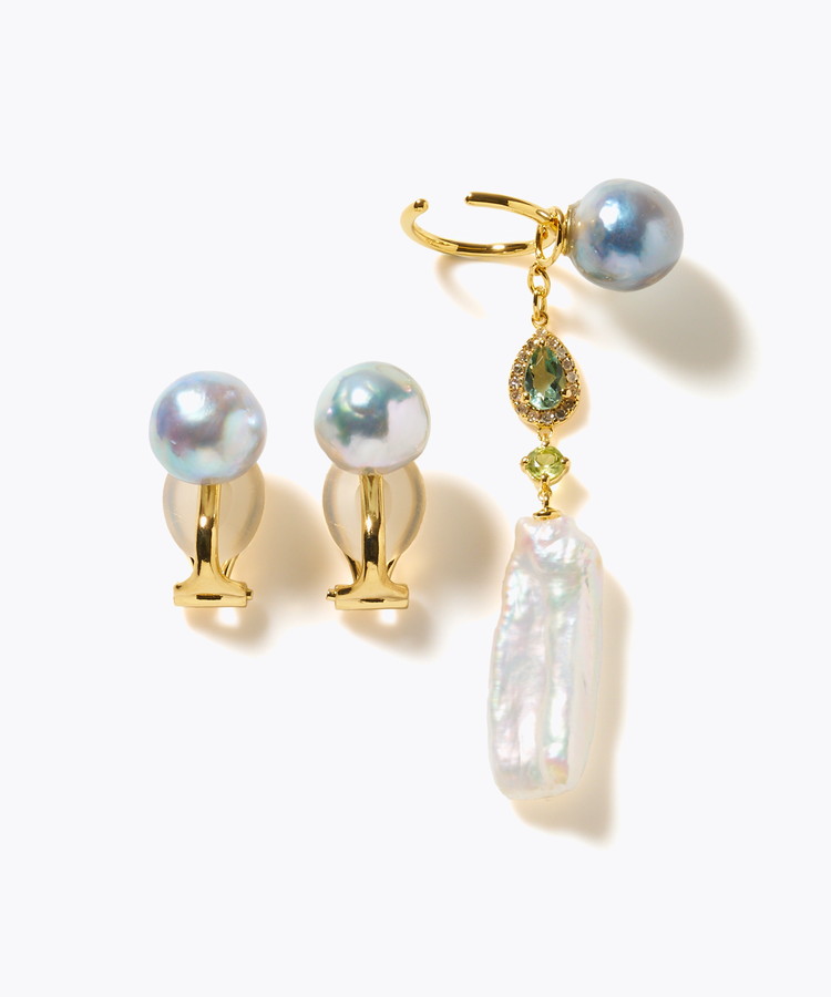 [elafonisi] 【2025 Winter Limited】One of a kind akoya pearl multiple stone chandelier ear clip