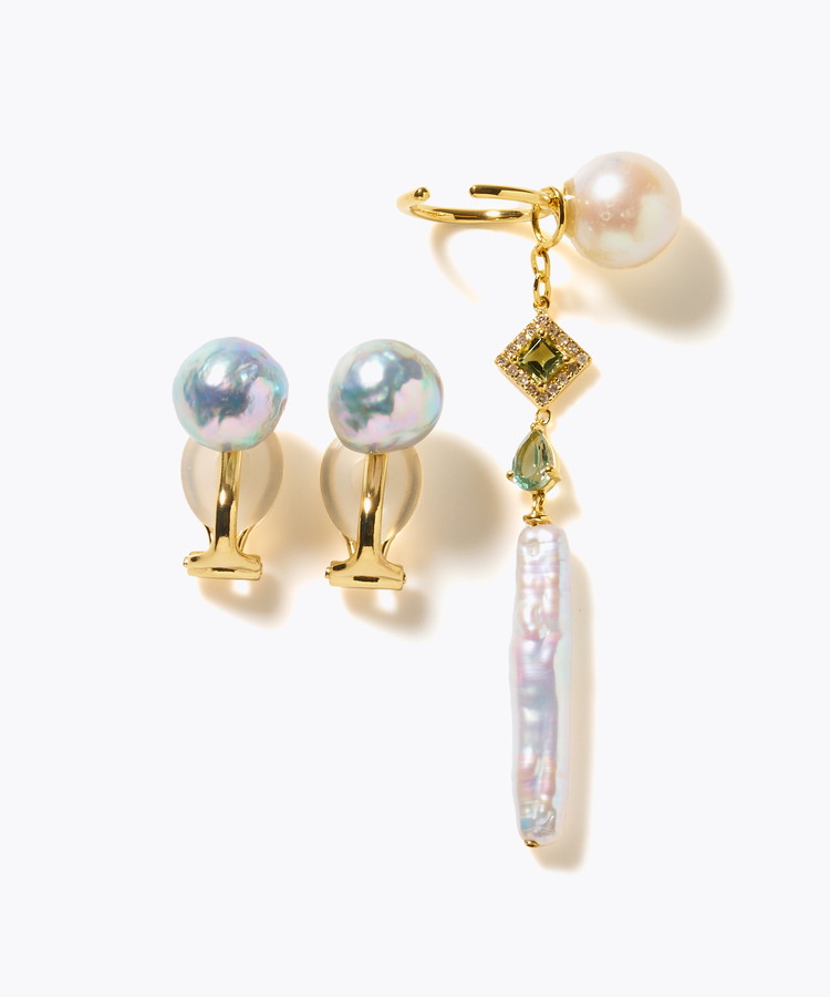 [elafonisi] 【2025 Winter Limited】One of a kind akoya pearl multiple stone chandelier ear clip