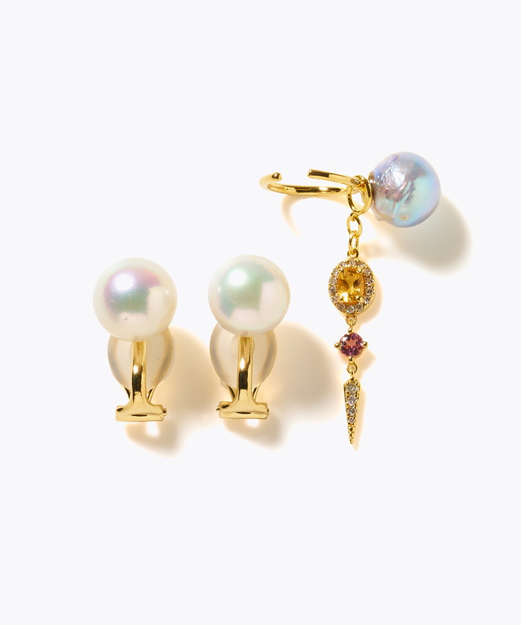 [elafonisi] 【2025 Winter Limited】One of a kind akoya pearl multiple stone chandelier ear clip