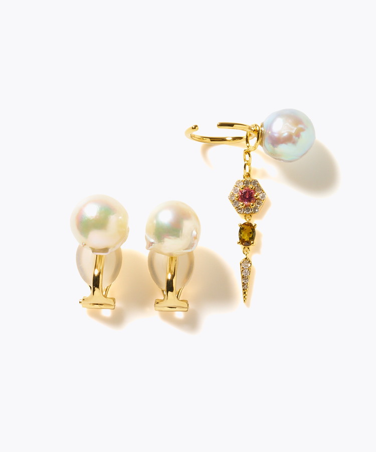 [elafonisi] 【2025 Winter Limited】One of a kind akoya pearl multiple stone chandelier ear clip
