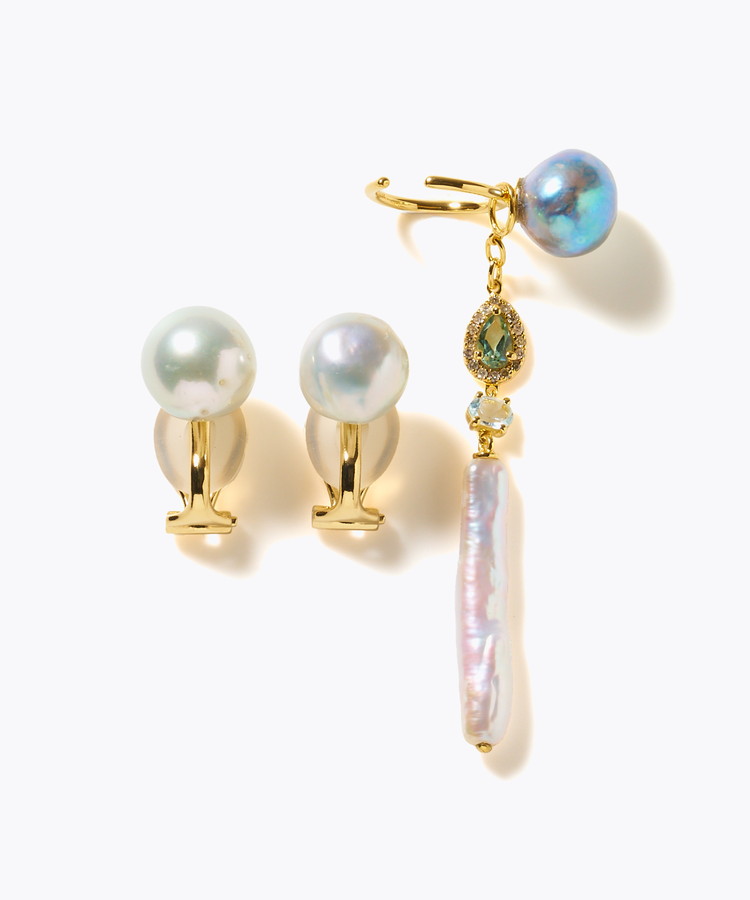 [elafonisi] 【2025 Winter Limited】One of a kind akoya pearl multiple stone chandelier ear clip