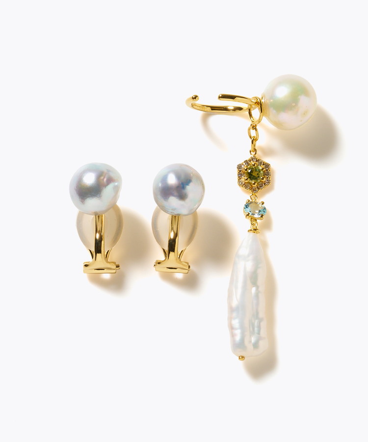 [elafonisi] 【2025 Winter Limited】One of a kind akoya pearl multiple stone chandelier ear clip