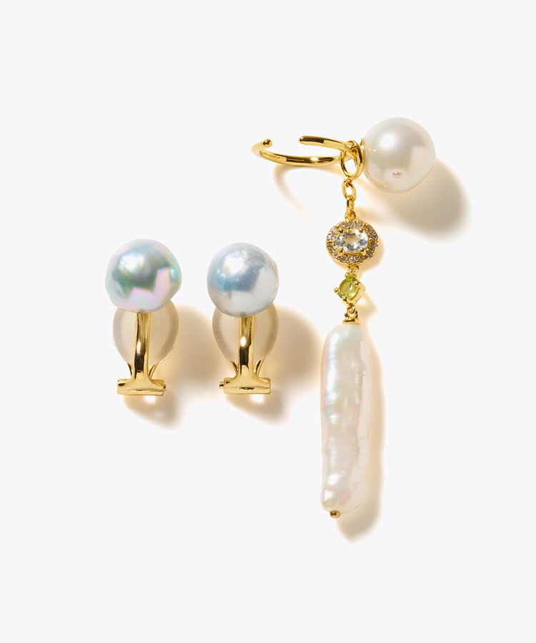 [elafonisi] 【2025 Winter Limited】One of a kind akoya pearl multiple stone chandelier ear clip