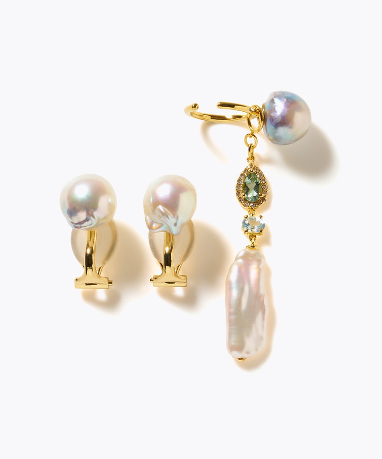 [elafonisi] 【2025 Winter Limited】One of a kind akoya pearl multiple stone chandelier ear clip