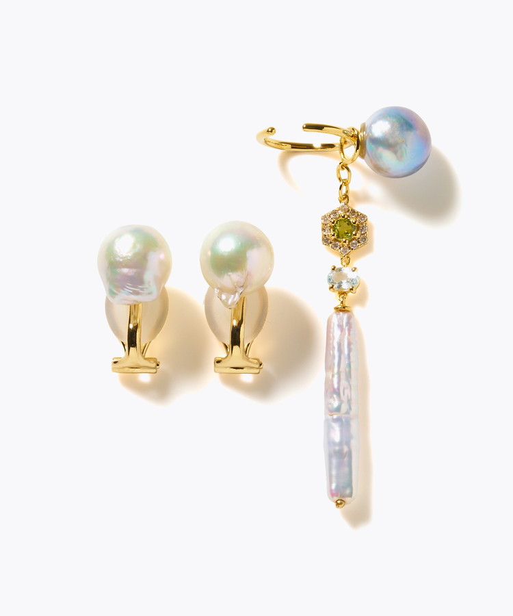 [elafonisi] 【2025 Winter Limited】One of a kind akoya pearl multiple stone chandelier ear clip