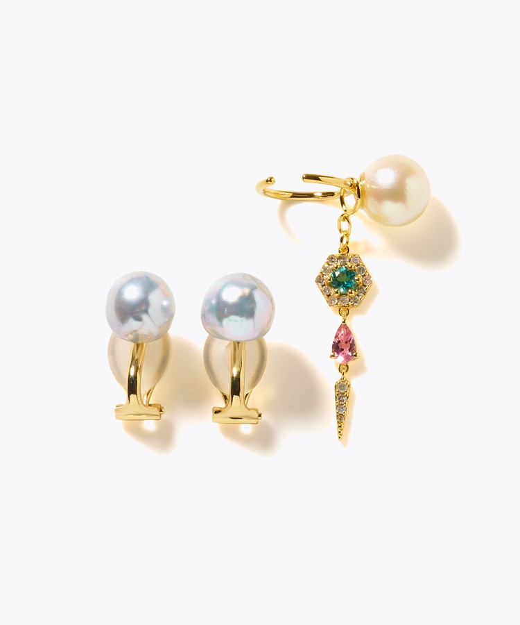 [elafonisi] 【2025 Winter Limited】One of a kind akoya pearl multiple stone chandelier ear clip
