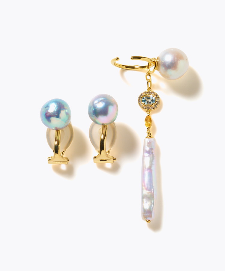 [elafonisi] 【2025 Winter Limited】One of a kind akoya pearl multiple stone chandelier ear clip