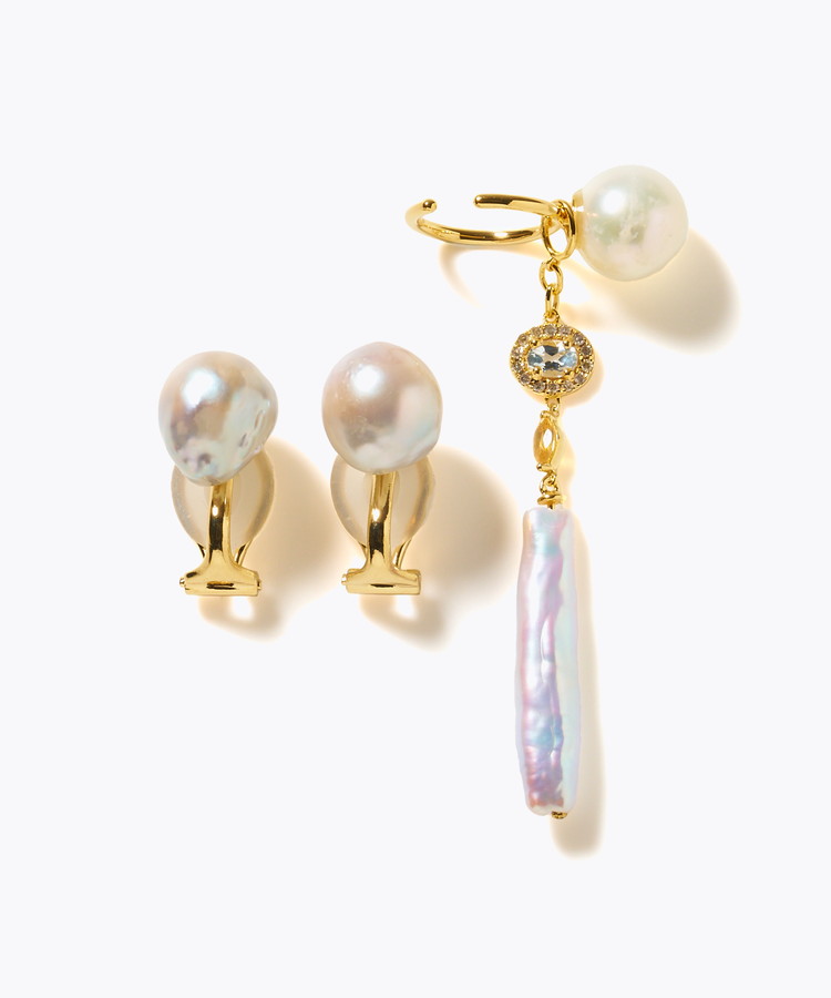 [elafonisi] 【2025 Winter Limited】One of a kind akoya pearl multiple stone chandelier ear clip