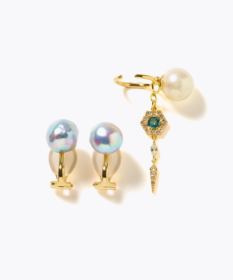 [elafonisi] 【2025 Winter Limited】One of a kind akoya pearl multiple stone chandelier ear clip
