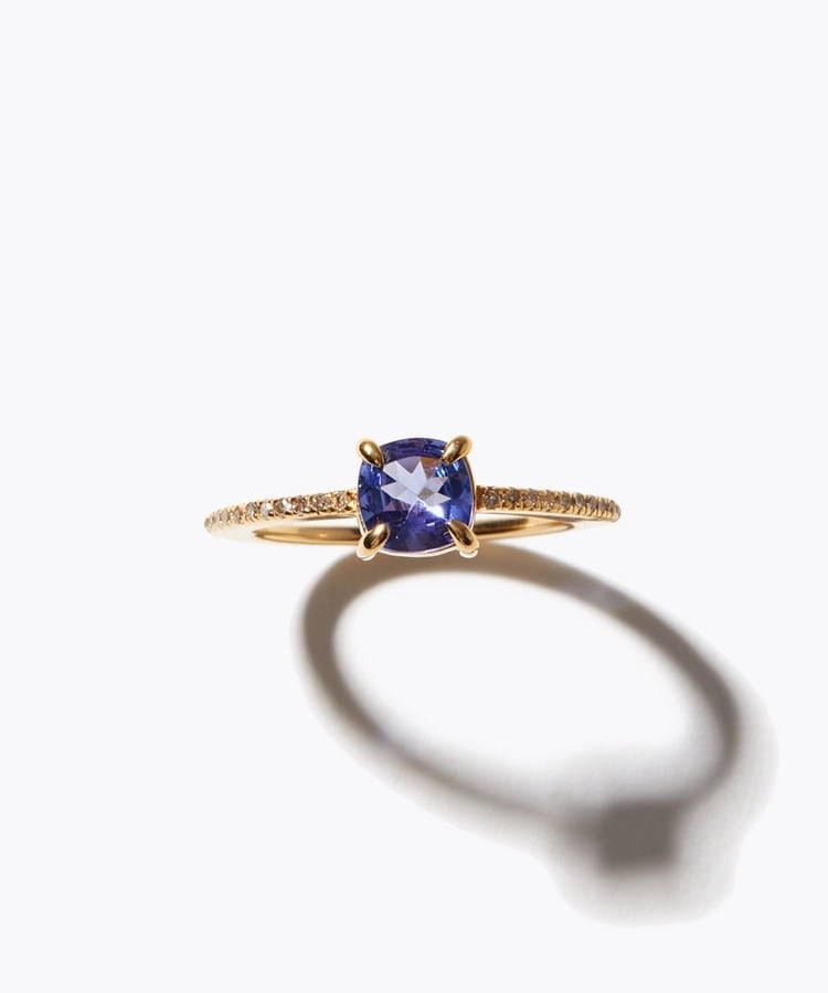 [elafonisi] cushion tanzanite pave diamonds half eternity ring