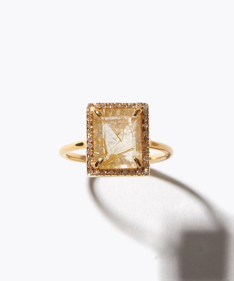 [elafonisi] rectangle gold rutilated quartz pave diamonds ring