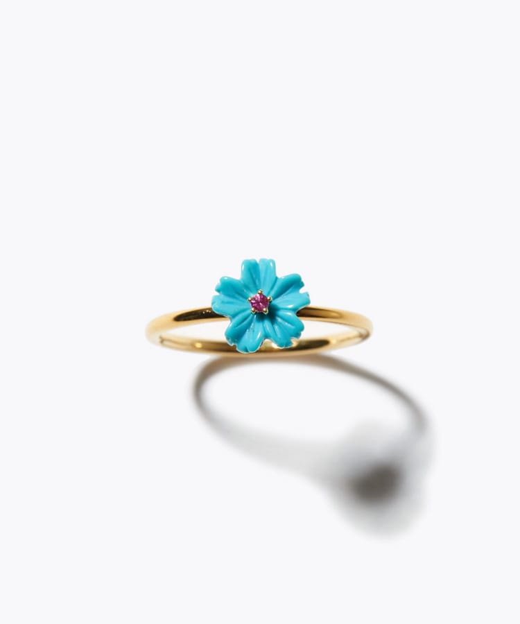 [eden] turquoise ruby hand carving flower ring