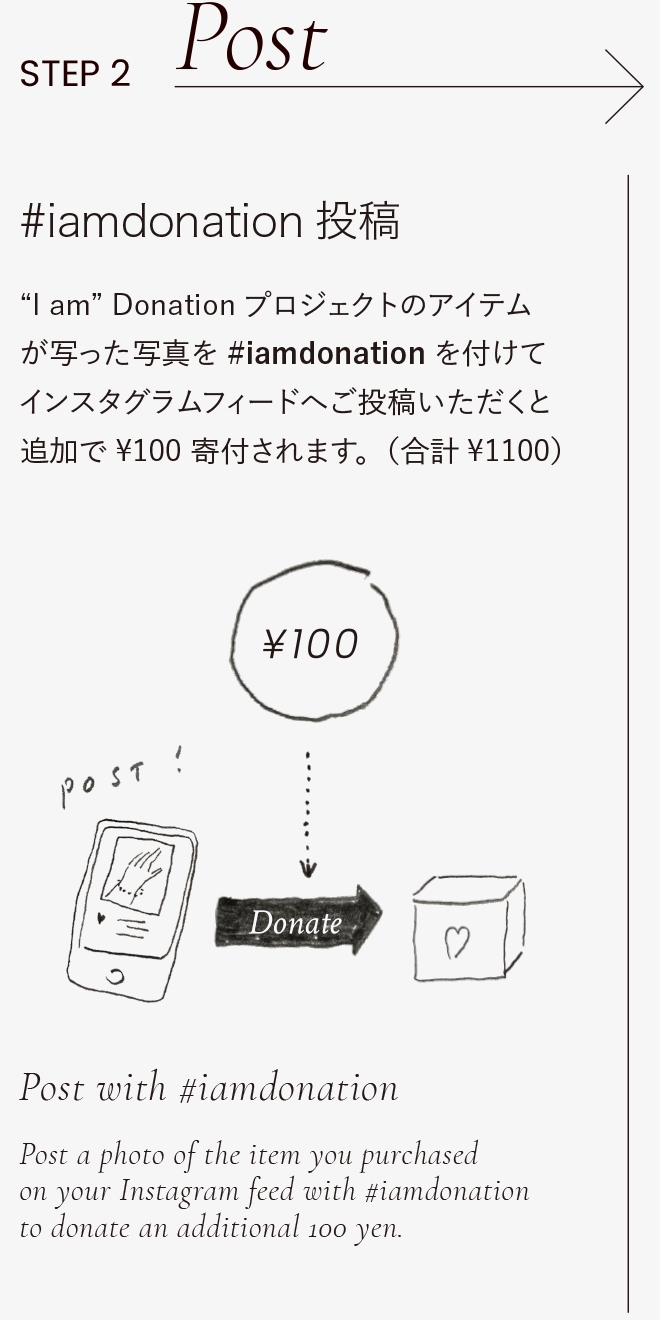 Step2 “I am”ドネーションプロジェクトのアイテムが写った写真を #iamdonation を付けてインスタグラムのフィードにご投稿いただくと、追加でさらに¥100 寄付されます
